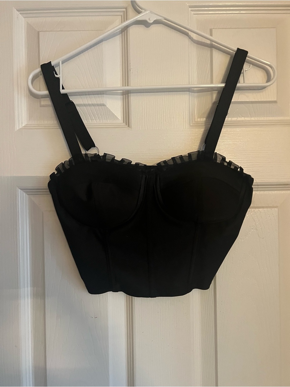 Haute Monde Black Bustier Crop Top with Ruffle Trim